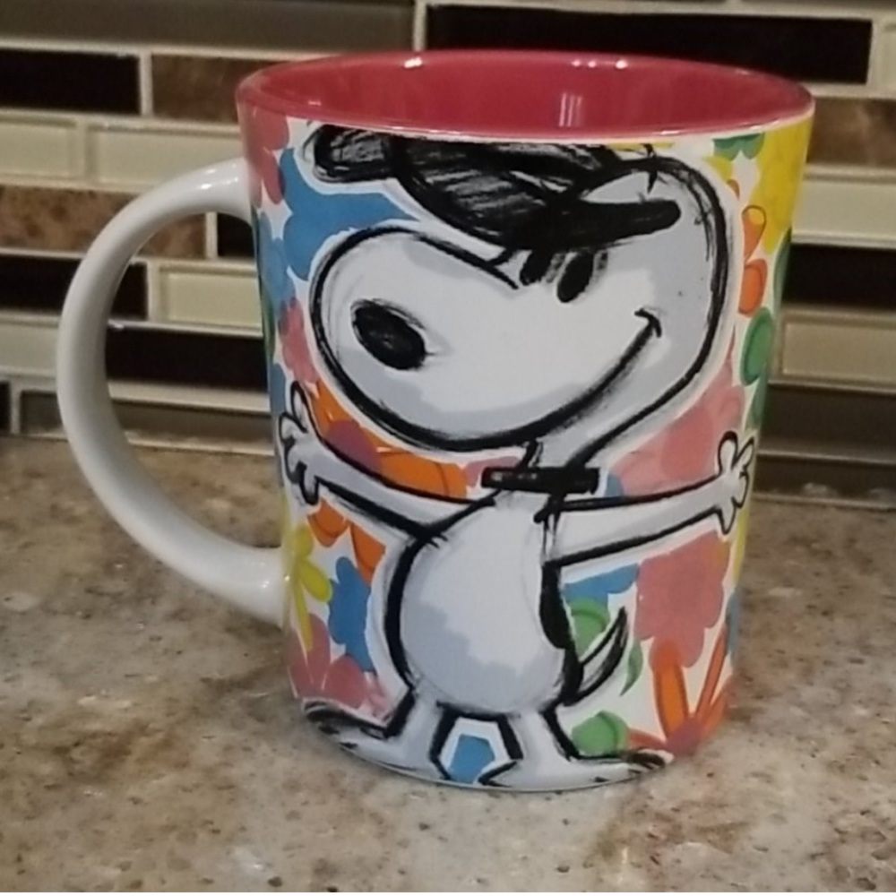 PEANUTS Sketched Drawing of Snoopy and Multicolor Flowers throughout Coffee Mug